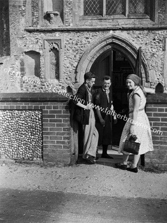 LADY CATHRINE ASHBURN (WITH TWO STUDENTS FROM UPHOLLAND WHO HAD WALKED ALL THE WAY FROM LIVERPOOL) AT THE DOOR OF 'SLIPPER' CHAPEL